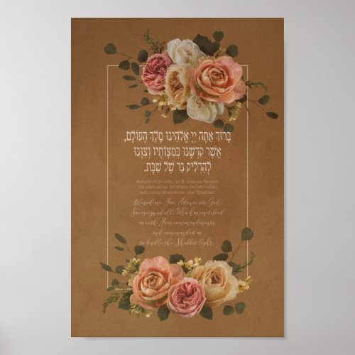 Hebrew Shabbat Candles Lighting Blessing Poster