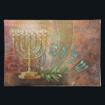 Hebrew Shalom Menorah Candle Light Jewish Cloth Placemat<br><div class="desc">A beautiful cloth placemat that can also be used as a Challah Cover. The golden menorah with 7 candles shine light on a background of textured damask. The Hebrew word Shalom, Peace, and an olive branch complete the picture. Feel free to apply this design by our young Jewish artists to...</div>