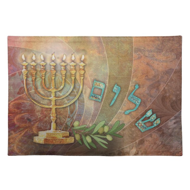 Hebrew Shalom Menorah Candle Light Jewish Cloth Placemat (Front)