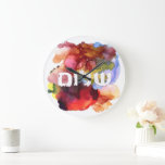 Hebrew "Shalom" with Watercolor Background  Large Clock<br><div class="desc">The Hebrew word "shalom" (meaning 'peace' but also 'hello') in an artsy form over a colorful watercolor background.</div>