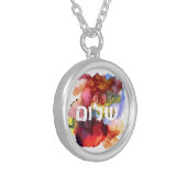 Hebrew "Shalom" with Watercolor Background  Silver Plated Necklace (Front Left)