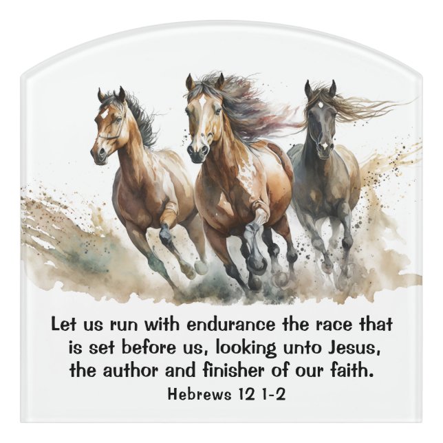 Hebrews 12:1 Run with Endurance Horse Bible Verse Door Sign (Contour Front)