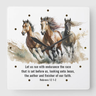 Hebrews 12:1 Run with Endurance Horse Bible Verse Square Wall Clock