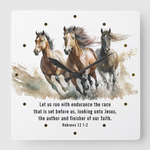 Hebrews 121 Run with Endurance Horse Bible Verse Square Wall Clock