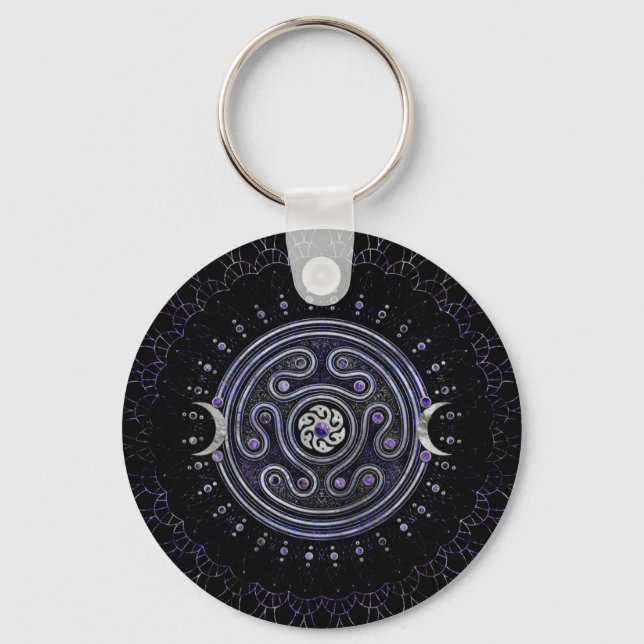Hecate Wheel Ornament with Amethyst and Silver Keychain (Front)