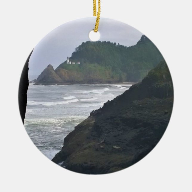 Heceta Head Lighthouse & Sea Lions, OR Ceramic Ornament (Front)