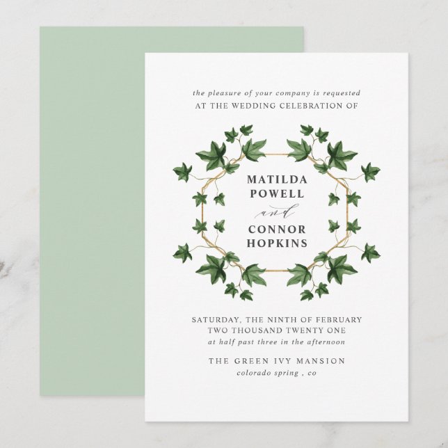 Hedera | Green Ivy Botanical geometric Wedding Invitation (Front/Back)