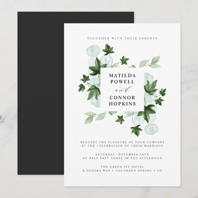 Hedera | Green Ivy Gray Botanical Wedding Invitation (Front/Back)