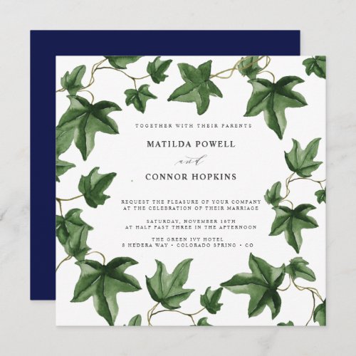 Hedera  Green Ivy Leaves Navy Botanical Wedding Invitation