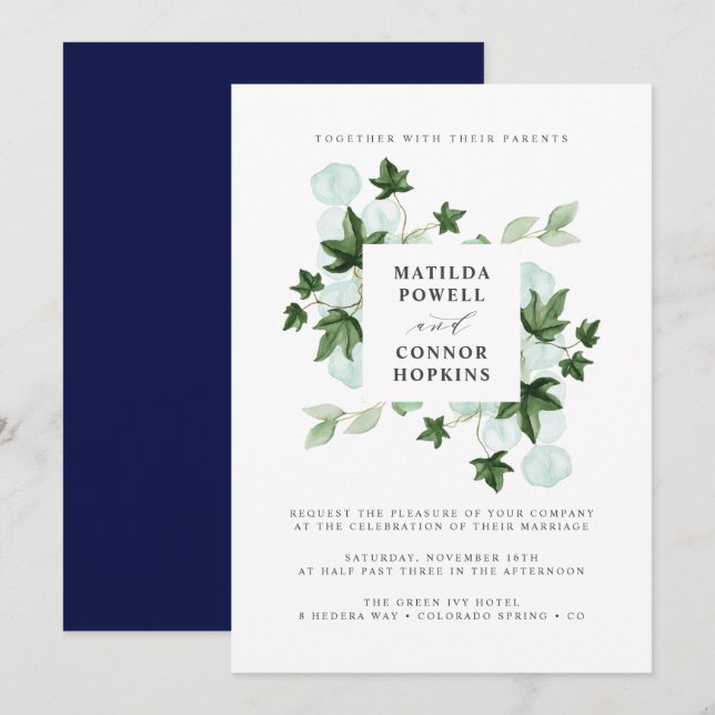 Hedera | Green Ivy Navy Botanical Wedding Invitation (Front/Back)