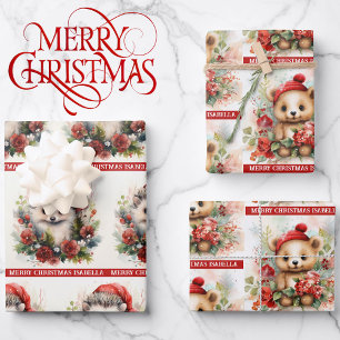 Hedgehog Add Name Christmas 3 Wrapping Paper Sheets