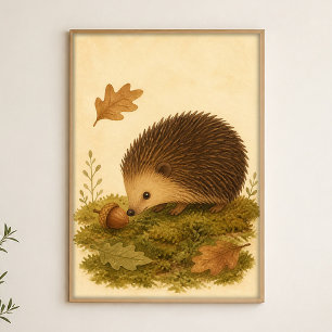 Hedgehog and Acorn Watercolour Whimsical Poster