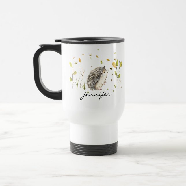 Hedgehog and Bees Personalized Travel Mug (Left)