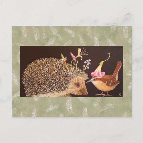 Hedgehog and carolina wren postcard