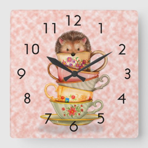 Hedgehog and Colorful Teacups on Pink Wall Clock