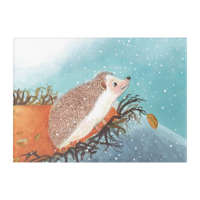 Hedgehog and first snowflakes   acrylic print (Front)
