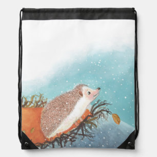 Hedgehog and first snowflakes drawstring bag