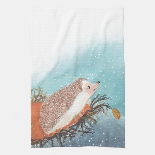 Hedgehog and first snowflakes  kitchen towel (Vertical)