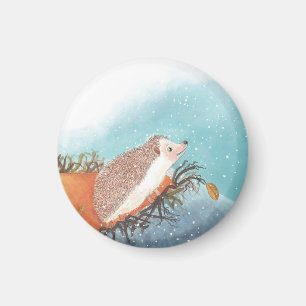 Hedgehog and first snowflakes magnet