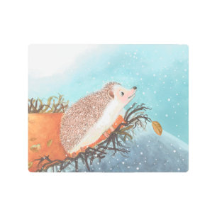 Hedgehog and first snowflakes   metal print
