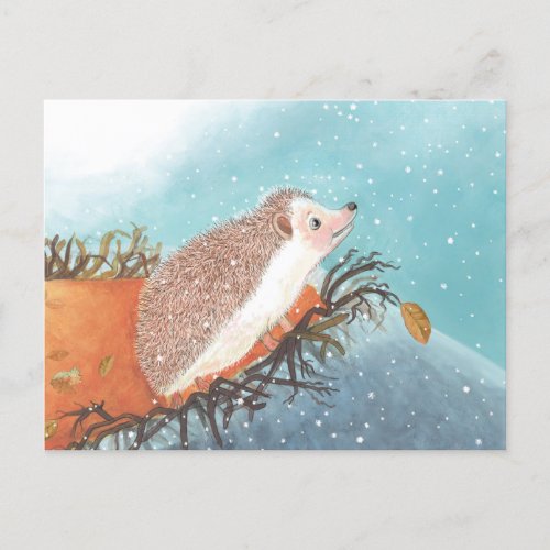Hedgehog and first snowflakes   postcard