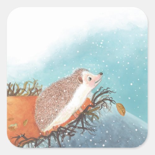 Hedgehog and first snowflakes   square sticker