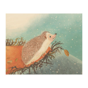 Hedgehog and first snowflakes   wood wall art
