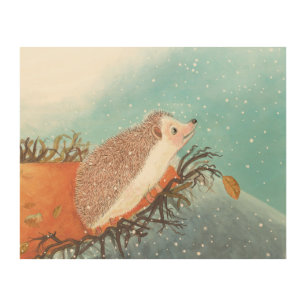 Hedgehog and first snowflakes  wood wall art