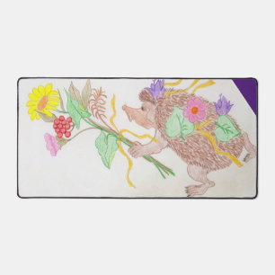 Hedgehog and Flowers Bouquet Desk Mat