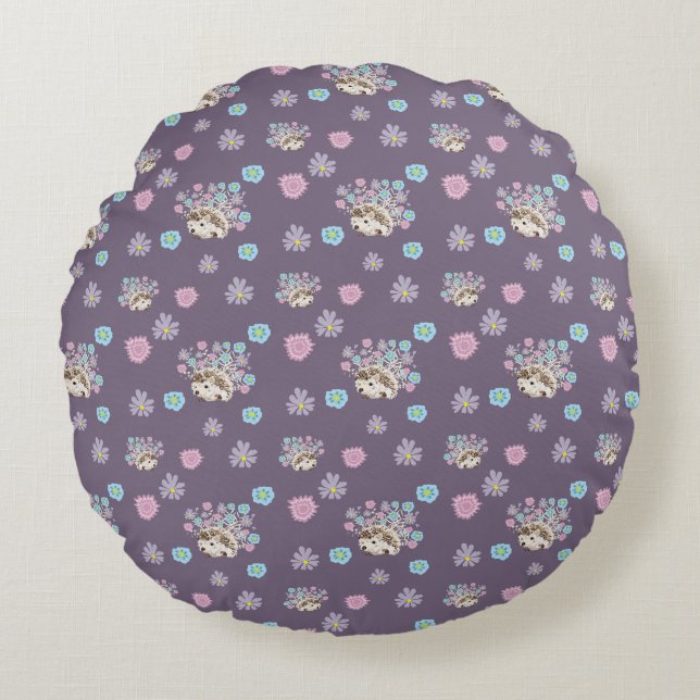 hedgehog and flowers pattern round pillow (Front)
