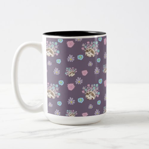 hedgehog and flowers pattern Two_Tone coffee mug