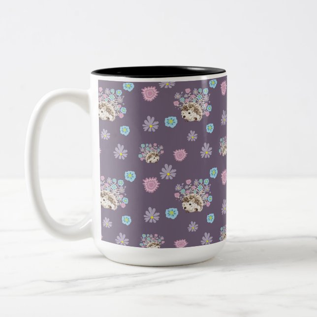 hedgehog and flowers pattern Two-Tone coffee mug (Left)