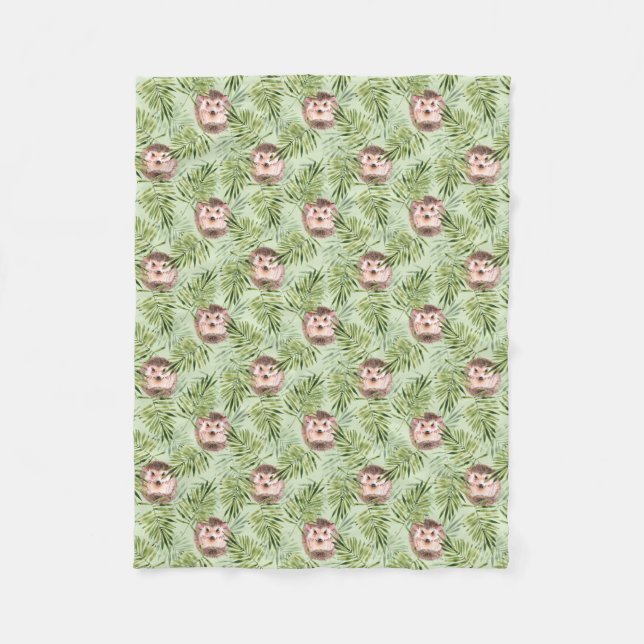 Hedgehog and green leaves fleece blanket (Front)