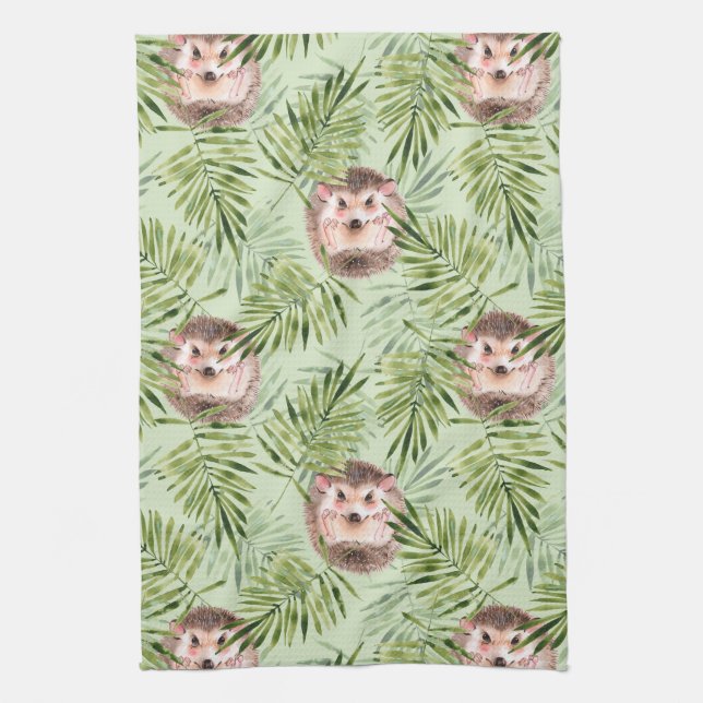 Hedgehog and green leaves kitchen towel (Vertical)