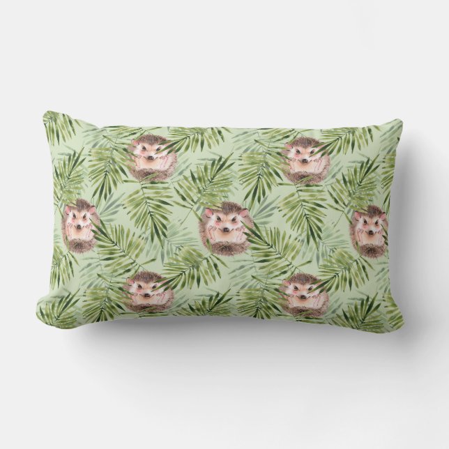 Hedgehog and green leaves lumbar pillow (Front)