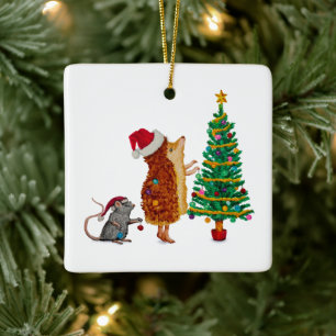 Hedgehog and Mouse Christmas Tree Ceramic Ornament