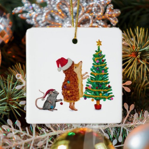 Hedgehog and Mouse Christmas Tree  Ceramic Ornament