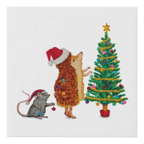 Hedgehog and Mouse Christmas Tree Faux Canvas Print