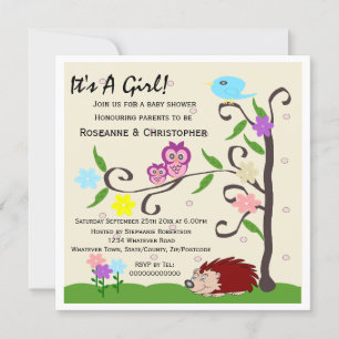 Hedgehog And Owl Design Personalised Baby Shower Invitation