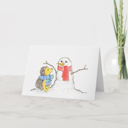 Hedgehog and Snowman Holiday Card