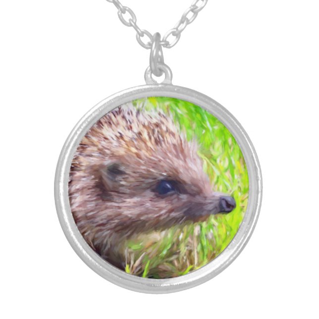 Hedgehog, animals, nature, cute silver plated necklace (Front)