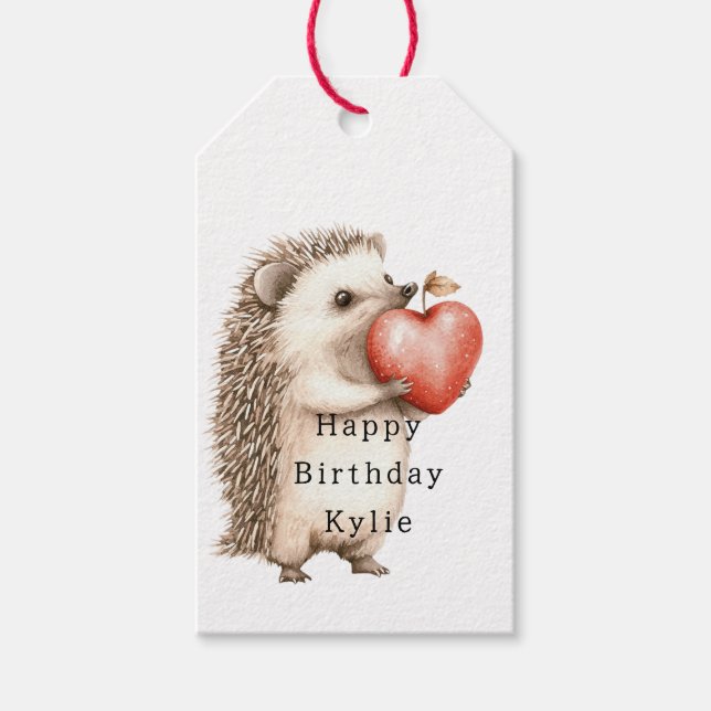 Hedgehog Apple Heart Birthday Gift Tags (Front)