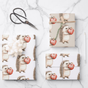 Hedgehog Apple Heart Birthday Wrapping Paper Sheets
