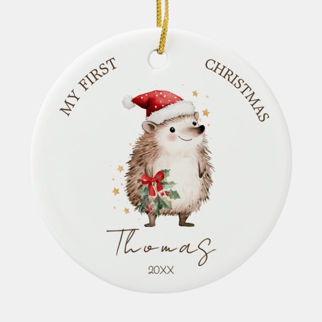 Hedgehog Baby 1st Christmas Photo Ornament (Front)