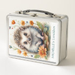 Hedgehog baby woodland animal watercolor activity  metal lunch box<br><div class="desc">The star of the show is a sweet baby animal hedgehog, delicately portrayed in soft hues, surrounded by a serene watercolor backdrop that evokes a sense of tranquility. What makes these lunch boxes and matching tote bags truly special is the option to personalize them with a name of your choice....</div>