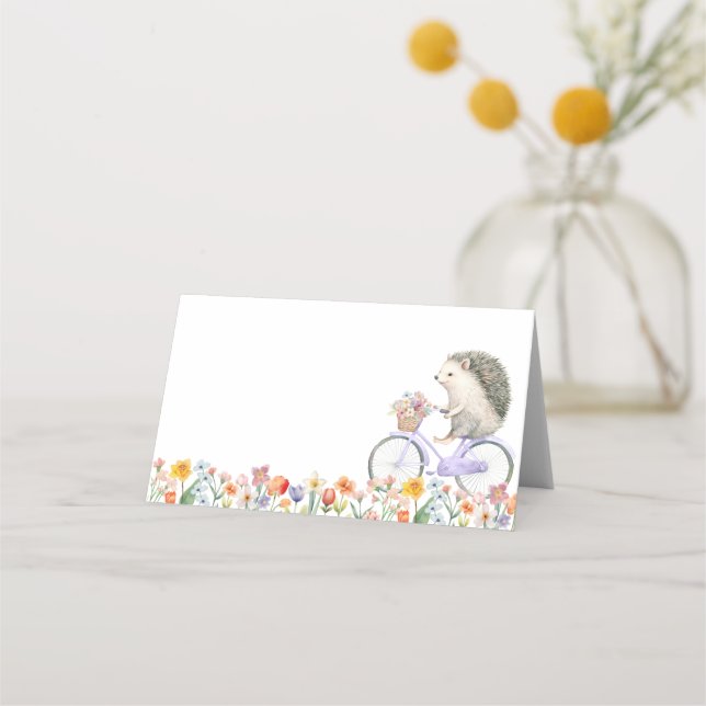 Hedgehog Bicycle Spring Floral Tent Card – Blank  (Front)