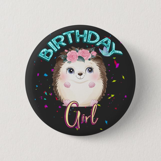 Hedgehog Birthday Girl Party Gifts Button (Front)
