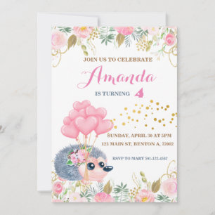 Hedgehog bow balloons pink floral birthday animals invitation