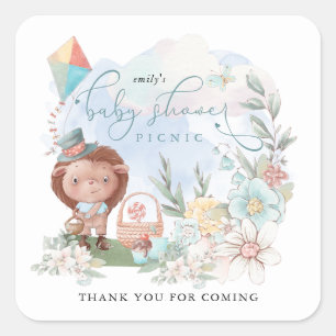 Hedgehog Boy Baby Shower Picnic Florals Thank You Square Sticker