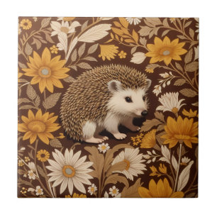 Hedgehog Brown Floral William Morris Inspired Ceramic Tile